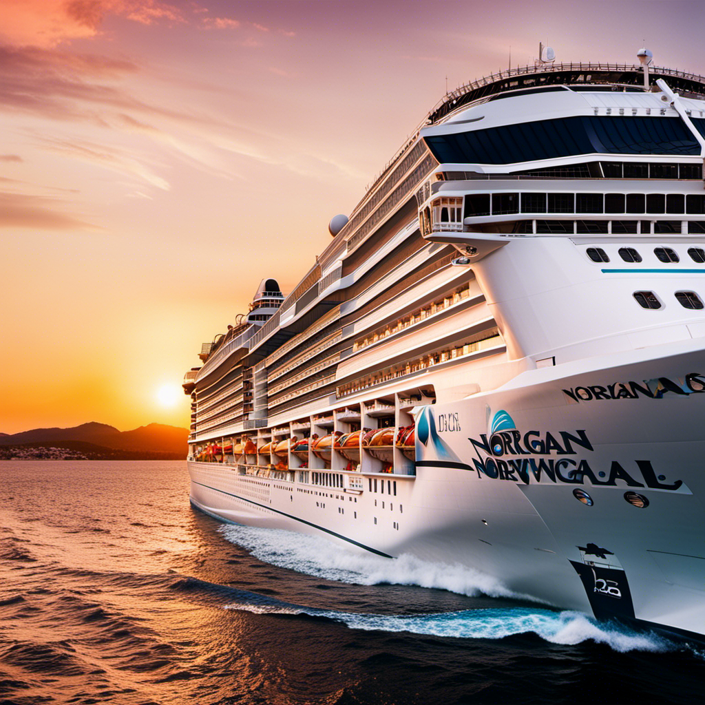 An image showcasing a luxurious Norwegian Cruise Line ship sailing against a stunning sunset backdrop, adorned with large black Friday sale banners, enticing balconies, and a vibrant crowd of excited passengers on deck