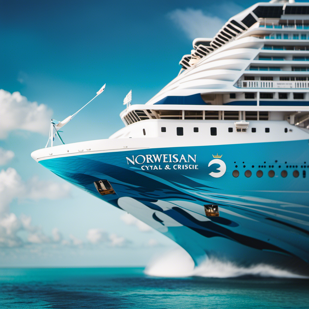 An image showcasing a triumphant scene, with a majestic Norwegian Cruise Line ship sailing through crystal blue waters off the coast of Florida