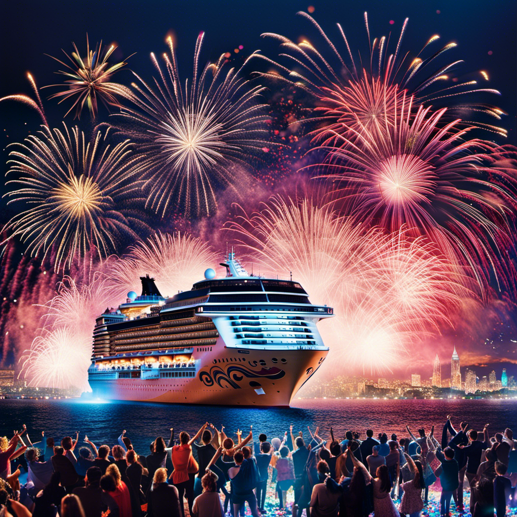 An image showcasing Norwegian Cruise Line's 50th Anniversary Celebration: A dazzling fireworks display illuminating the night sky over a magnificent cruise ship adorned with sparkling lights, surrounded by jubilant guests reveling in a sea of confetti