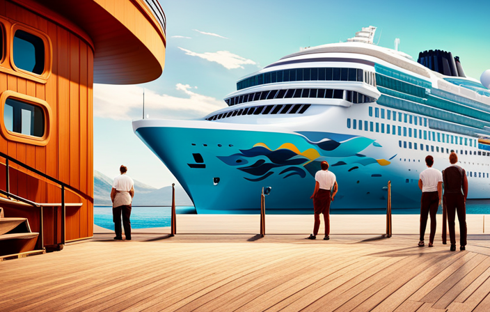 An image that depicts a deserted Norwegian Cruise Line ship docked in a vibrant port, surrounded by a mixture of masked crew members working diligently and cheerful passengers eagerly waiting to embark, symbolizing the cruise line's journey through the COVID-19 pandemic