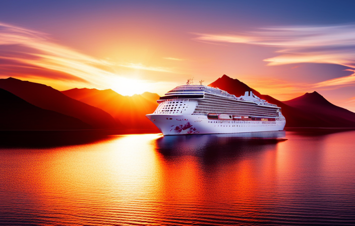 An image capturing the vibrant spirit of Norwegian Cruise Line's triumphant return, showcasing a majestic ship sailing through crystal-clear waters, surrounded by breathtaking fjords and snow-capped mountains, as the sun sets in a kaleidoscope of fiery hues