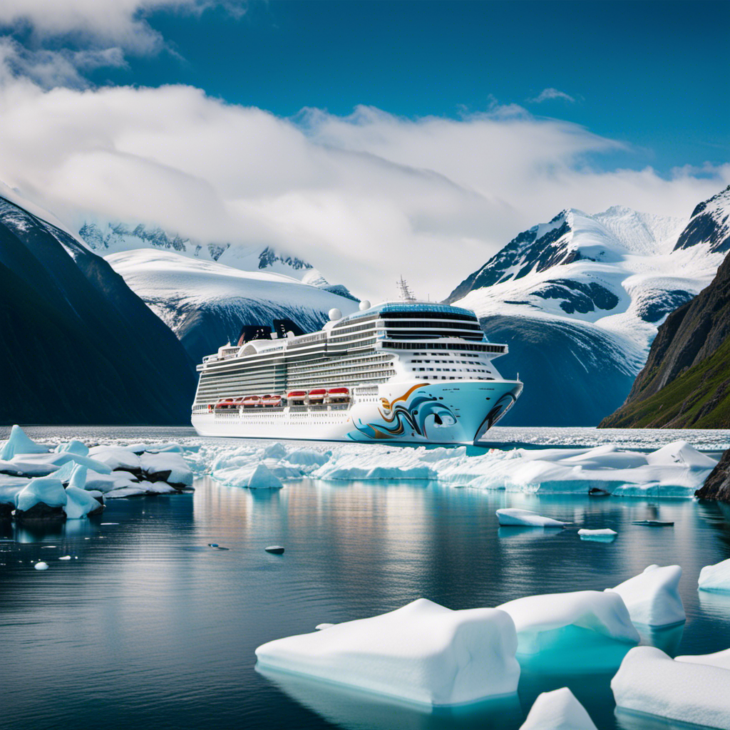 An image capturing the awe-inspiring sight of Norwegian Cruise Line's ship gliding through the pristine, icy waters of Alaska, surrounded by towering snow-capped mountains and majestic glaciers