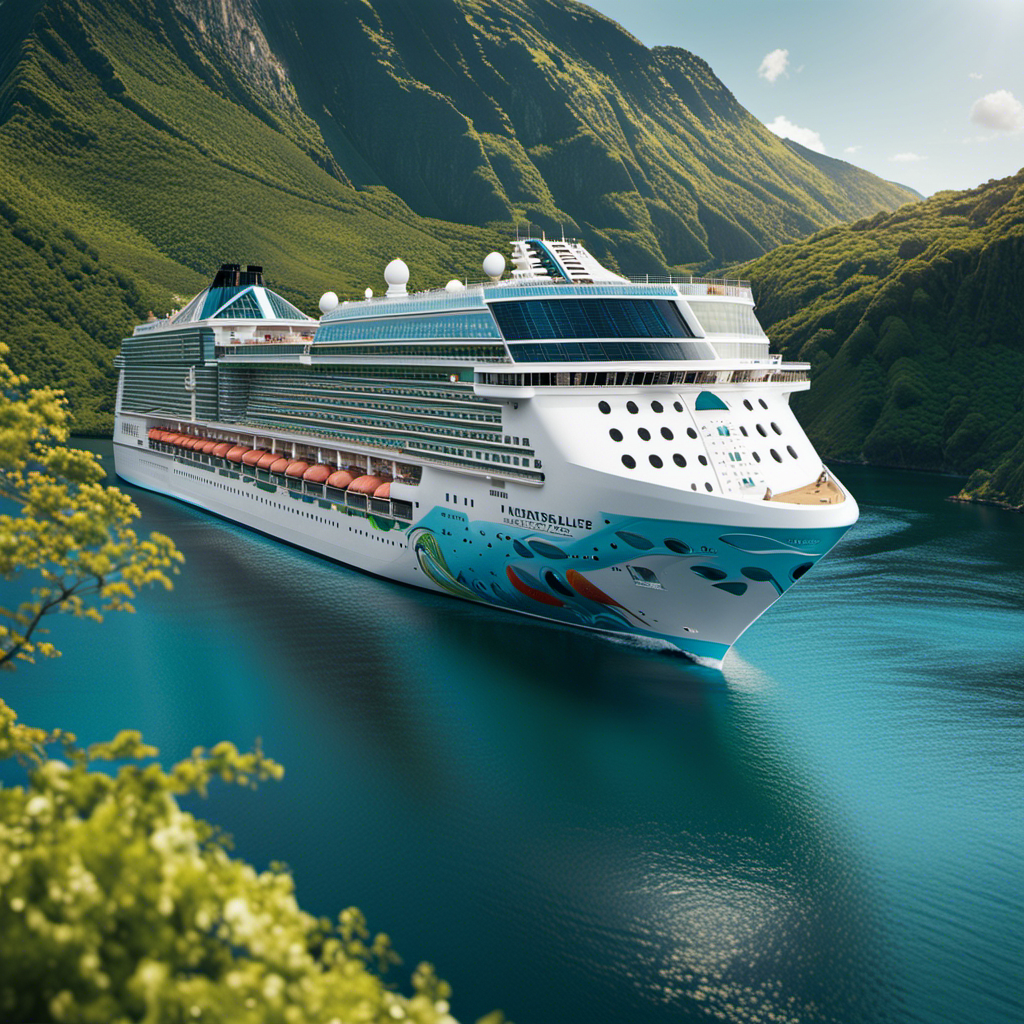 An image showcasing the grandeur of Norwegian Cruise Line's new ships amidst breathtaking natural landscapes, highlighting their eco-friendly features such as solar panels glistening under the sun, wind turbines gracefully turning, and lush greenery surrounding the ships