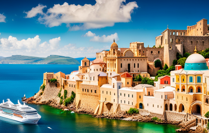 the vibrant energy of Norwegian Cruise Line's Summer 2017 Europe Itineraries with an image of a luxurious ship sailing through the crystal-clear turquoise waters of the Greek Isles, surrounded by ancient ruins and colorful seaside villages