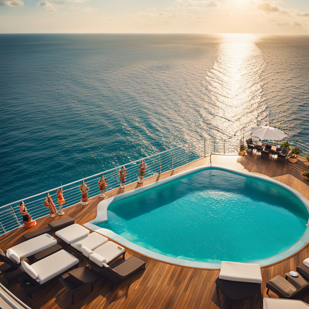 An image showcasing the luxurious Norwegian Cruise Line experience: a sun-kissed pool deck with sparkling turquoise waters, elegant loungers adorned with plush towels, vibrant cocktails beautifully presented, and a backdrop of breathtaking ocean views
