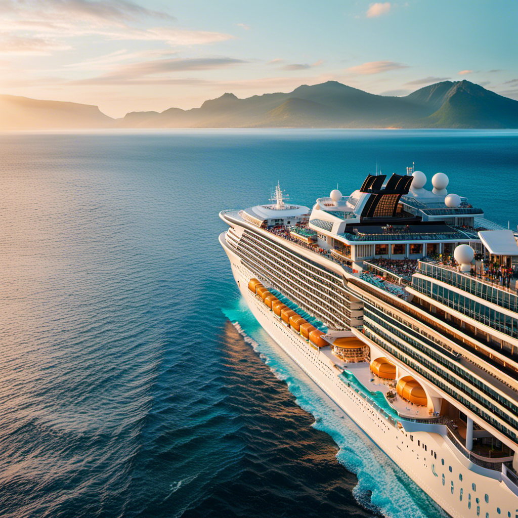 An image showcasing a serene seascape, where a luxurious Norwegian Cruise ship sails gracefully amidst crystal-clear waters