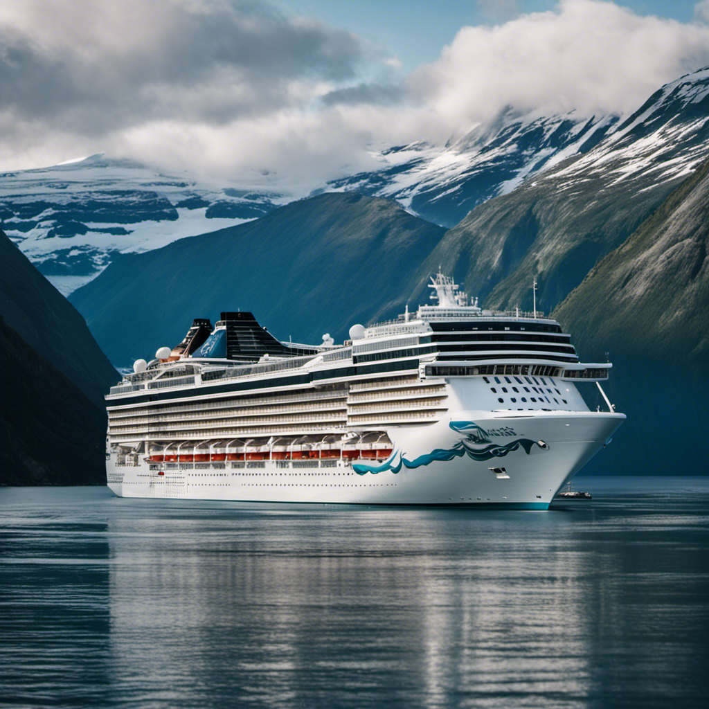 An image showcasing a majestic Norwegian cruise ship anchored in a serene Alaskan fjord, surrounded by snow-capped mountains, as a symbol of Norwegian Cruise Line's ongoing suspension and the anticipation for updated Alaska cruises