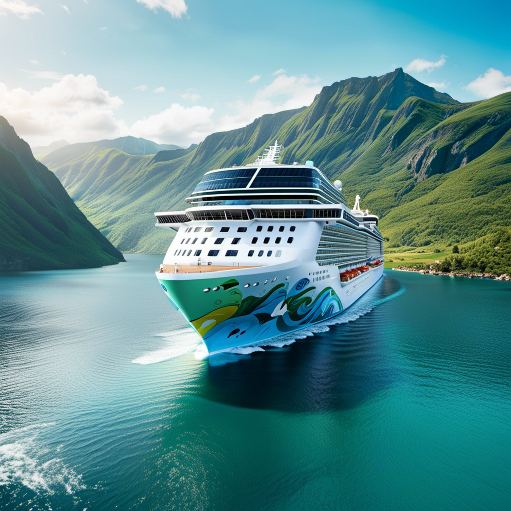 An image showcasing Norwegian Cruise Line's journey towards zero emissions: A vibrant, futuristic cruise ship sailing through crystal-clear waters, surrounded by lush green mountains, with wind turbines and solar panels adorning its deck