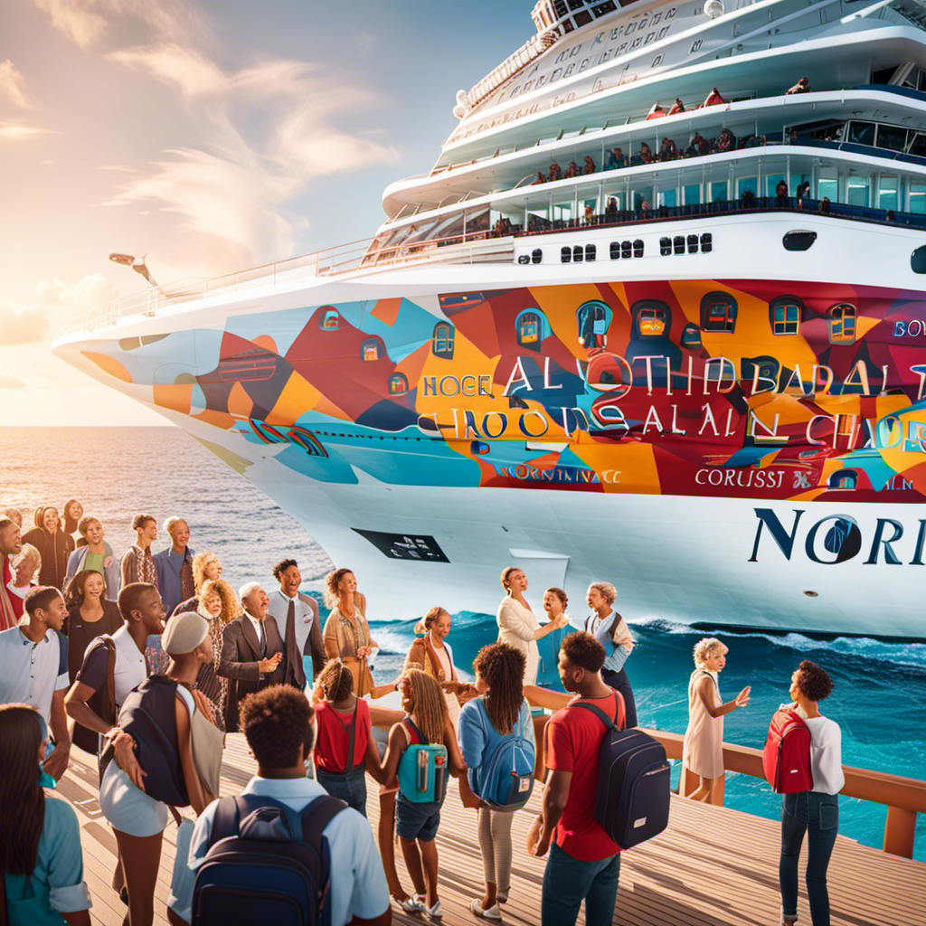 An image showcasing a diverse group of smiling passengers, eagerly boarding a Norwegian Cruise Line ship