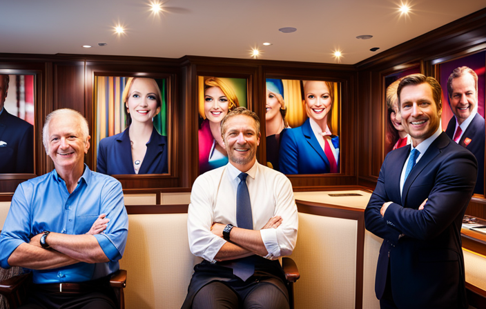 An image showcasing the bustling Norwegian Cruise Line sales office, filled with jubilant sales representatives energetically making calls, surrounded by a backdrop of vibrant posters displaying impressive sales figures and happy customers