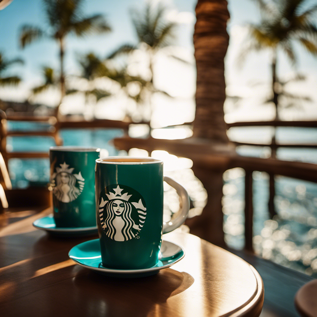 An image showcasing Norwegian Cruise Line's Starbucks mugs, artfully arranged on a sunlit table by the ship's poolside, with vibrant blue ocean waves and palm tree reflections, capturing the essence of onboard relaxation