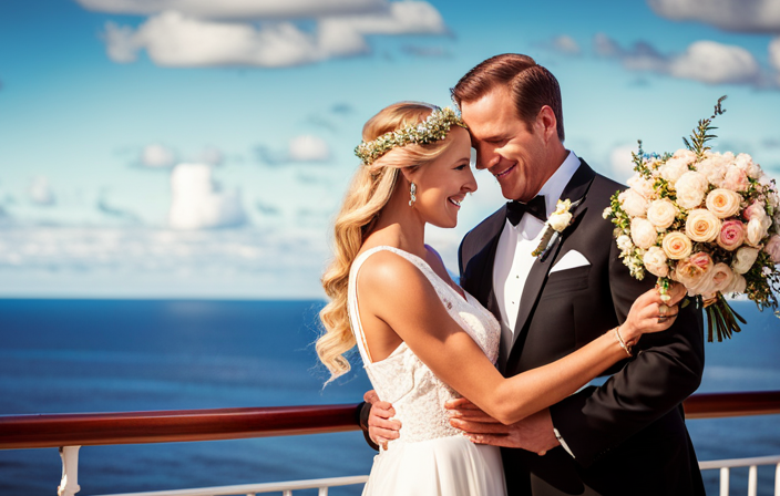 An image showcasing a radiant couple exchanging vows on the sun-drenched deck of a luxurious Norwegian Cruise Line ship