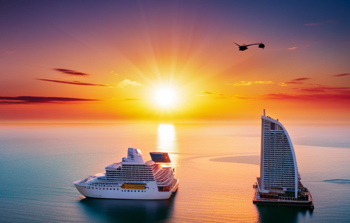 An image showcasing the Norwegian Encore's breathtaking SkyRide, a thrilling ride suspended high above the ship's deck, with passengers zooming through the air, surrounded by stunning ocean views and vibrant sunset hues