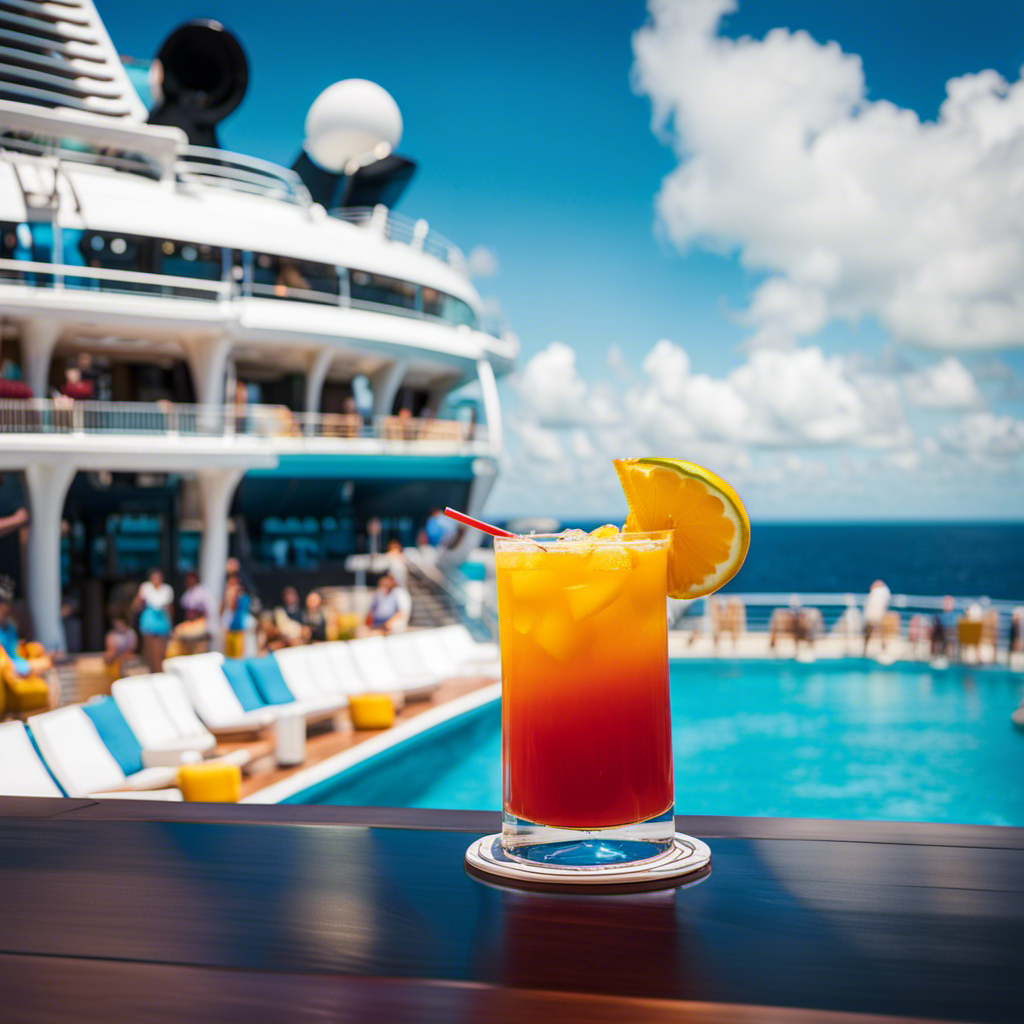 An image showcasing the vibrant Norwegian Escape cruise ship, with passengers enjoying an idyllic poolside setting, sipping colorful cocktails, capturing picturesque ocean views, and sharing their experiences on social media platforms