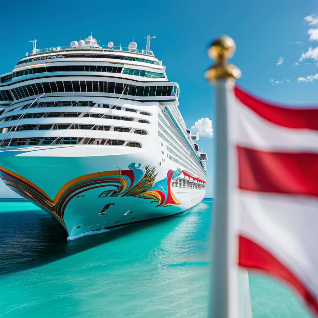 the magnificent Norwegian Gem as it gracefully glides through the turquoise waters of Florida's coast, adorned with vibrant flags fluttering in the gentle breeze, proudly representing NCL's historic fully vaccinated ship
