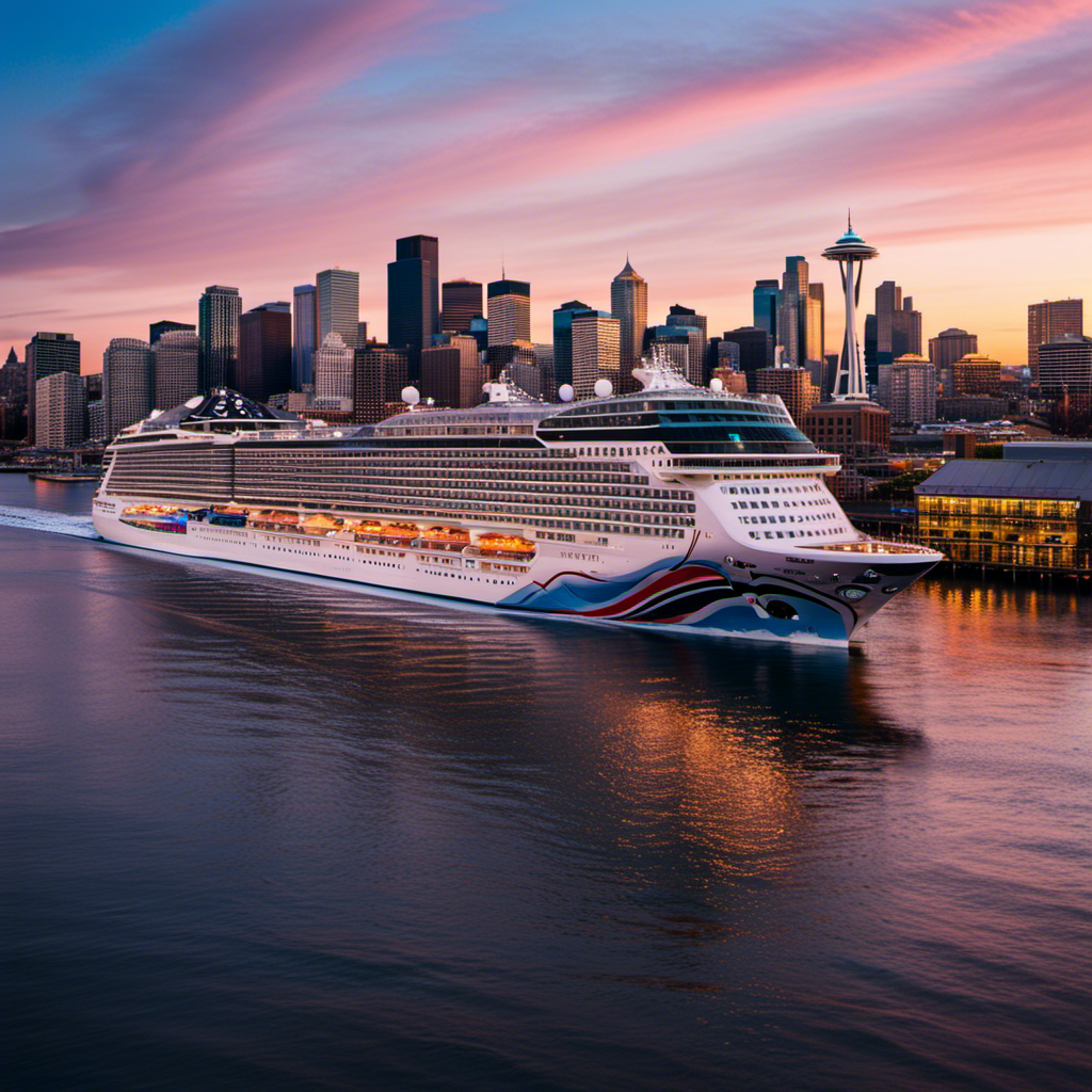 An image showcasing the majestic Norwegian Joy cruise ship sailing into the iconic Seattle skyline, with the Space Needle towering above, surrounded by a breathtaking sunset, capturing the allure of its arrival in the American cruise industry