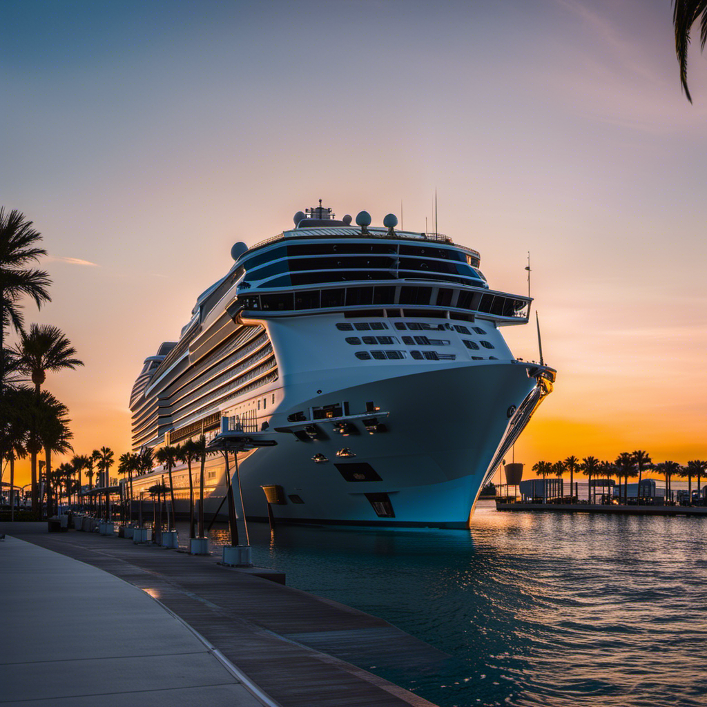 the majestic Norwegian Prima docked at Port Canaveral, bathed in the golden glow of sunset