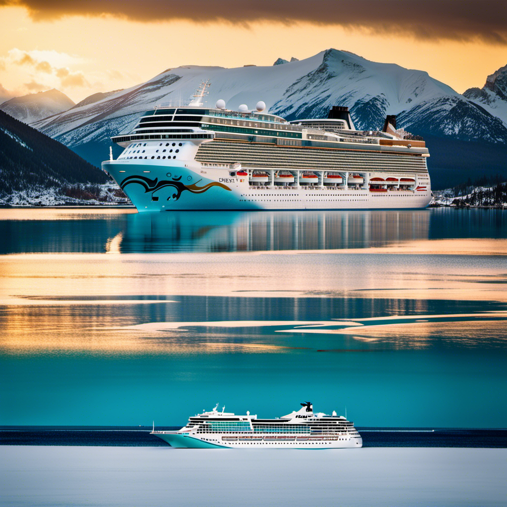 An image showcasing the majestic Norwegian Viva cruise ship, bathed in golden sunlight, gliding through turquoise waters