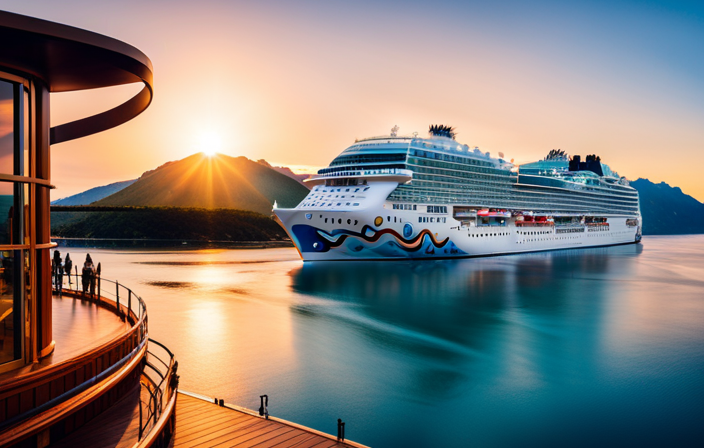An image showcasing the luxurious Norwegian Viva cruise ship, with its sleek design, panoramic glass walls, and spacious sun deck adorned with plush loungers, inviting guests to unwind and enjoy the breathtaking views of the Norwegian fjords