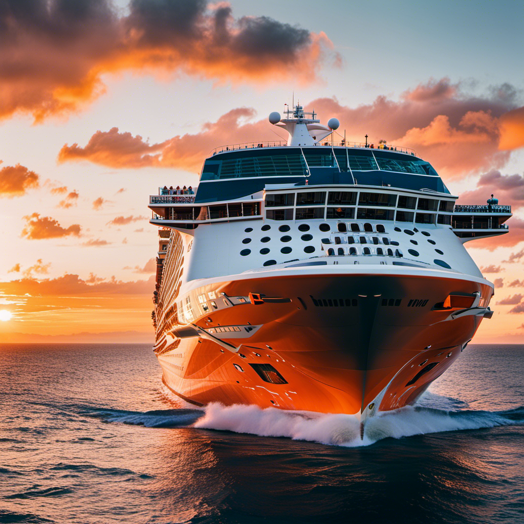 An image capturing the awe-inspiring Norwegian Viva cruise ship at sunset, showcasing its sleek and elegant design against the backdrop of a vibrant orange sky, while passengers enjoy a lively poolside party with cascading waterfalls and vibrant music