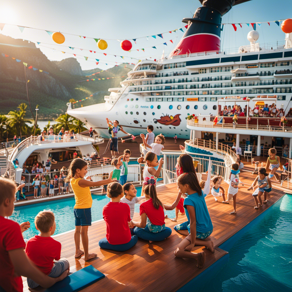 An image showcasing a vibrant, playful scene with children engaged in various activities aboard a Norwegian cruise ship, contrasting it with a serene, magical scene from a Disney cruise, highlighting their distinct programming, pricing, and updates