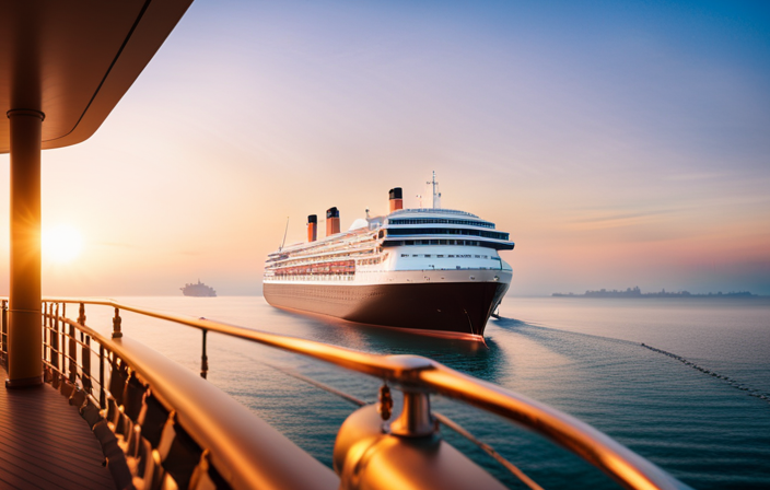 An image capturing the essence of Holland America's Rotterdam Legacy: A vintage, ocean liner-inspired ship gliding through azure waters, adorned with elegant, white railings, and crowned by towering smokestacks emitting gentle puffs of nostalgia