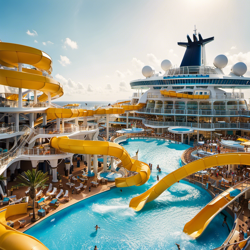 E the thrill of Oasis of the Seas' test cruise voyage: a towering aqua park with twisting water slides, sun-kissed deck chairs overlooking a vast ocean expanse, and families splashing gleefully in the shimmering pool below