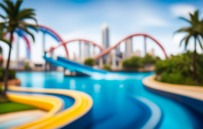 An image showcasing the thrilling roller coasters soaring above a vibrant waterpark, as families splash and slide, surrounded by picturesque palm trees, shimmering blue waters, and a playful dolphin show in the background