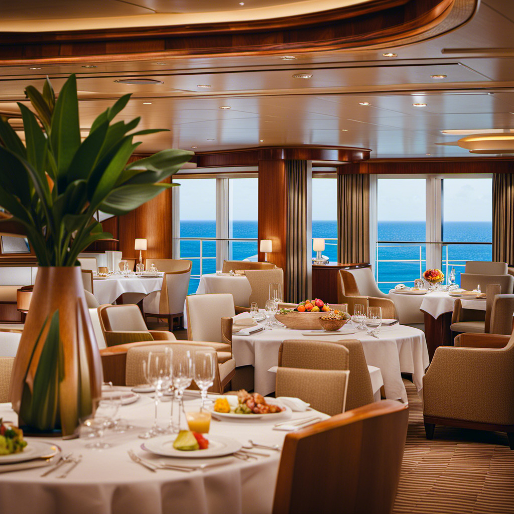 An image showcasing a beautifully refurbished Oceania Cruises ship, featuring elegant solo traveler accommodations, a delectable plant-based menu, rigorous sanitation inspections, and a neatly organized footer menu