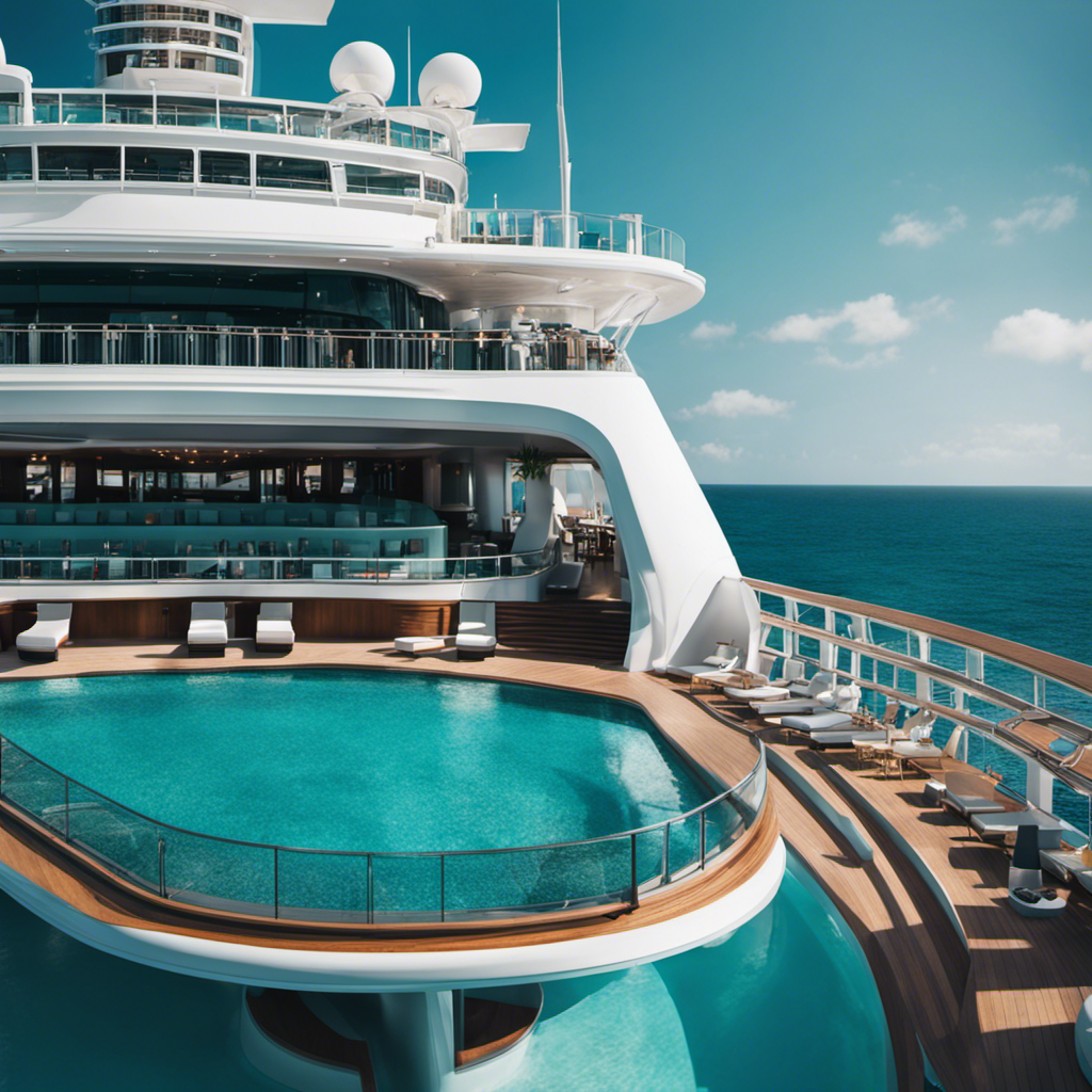 An image showcasing a magnificent, state-of-the-art cruise ship gliding through sparkling turquoise waters, with elegant lounges, panoramic ocean views, and a serene spa, epitomizing the pinnacle of luxurious cruising