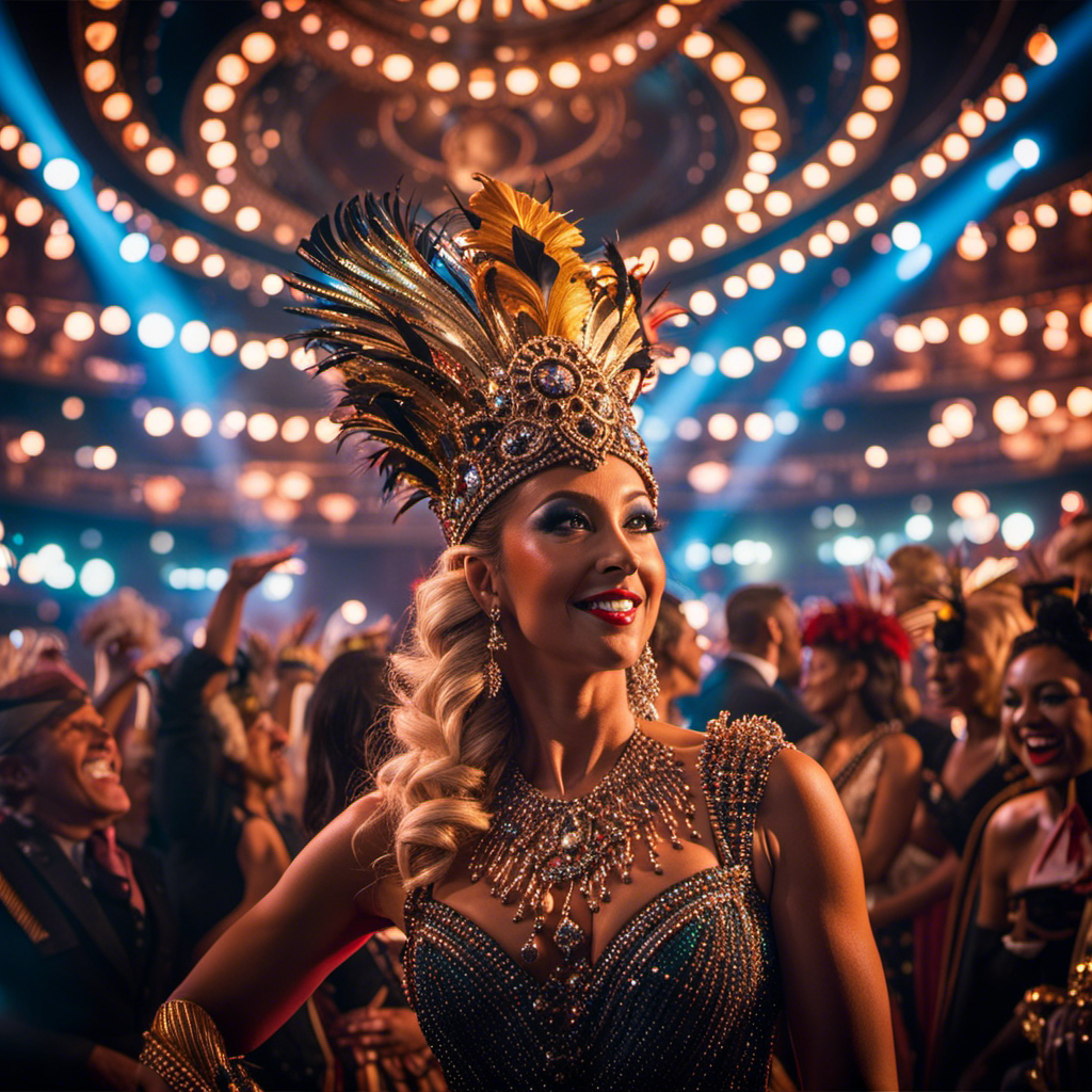 An image that captures the vibrant energy of Oceania's exceptional entertainment scene: a Broadway star mesmerizing a shipboard audience with a show-stopping performance, surrounded by dazzling lights, extravagant costumes, and a sea of captivated faces