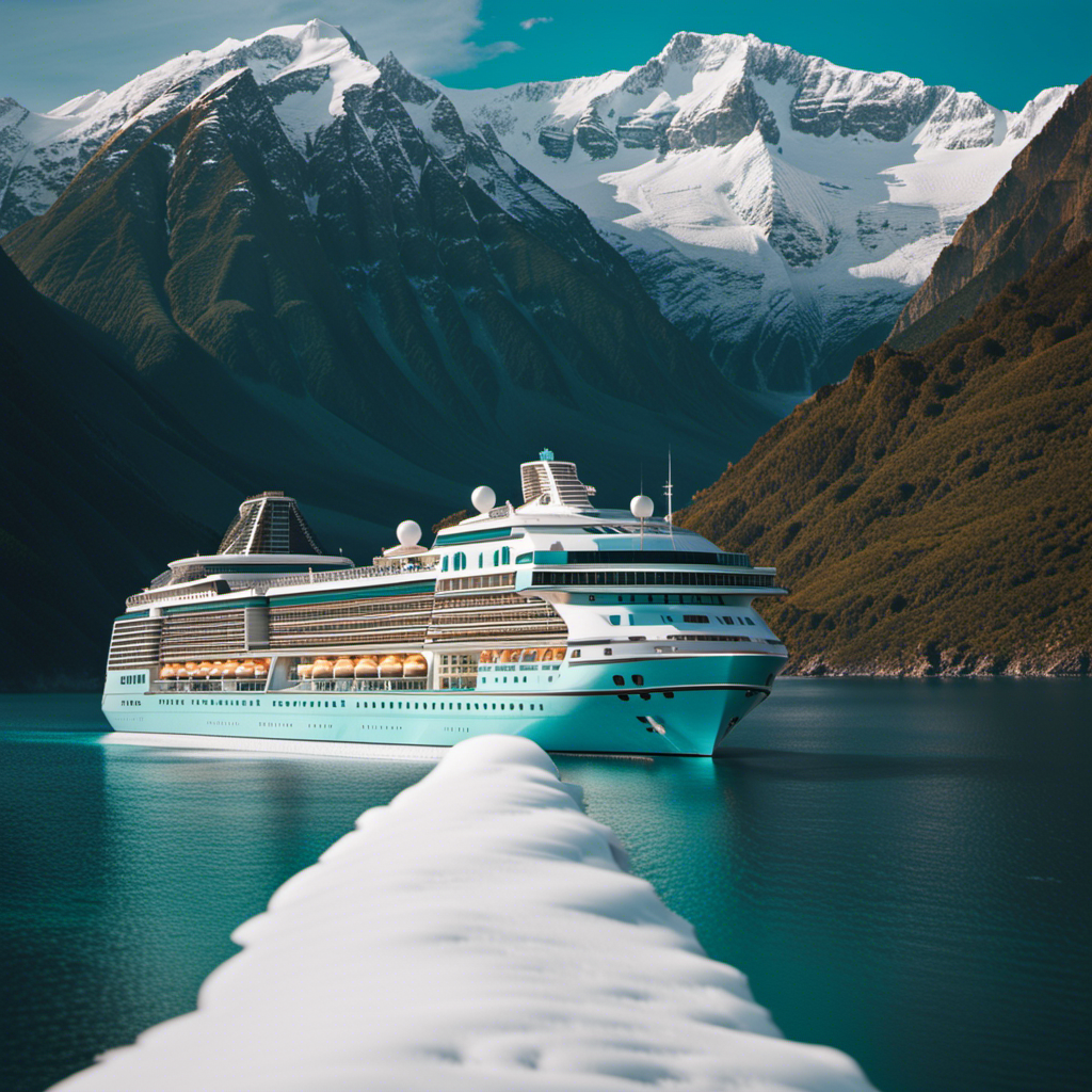 An image showcasing a tranquil cruise ship gliding through calm turquoise waters, surrounded by majestic snow-capped mountains