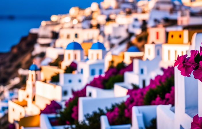 the golden hour in Oia: the iconic blue-domed whitewashed houses perched on rugged cliffs overlooking the sparkling Aegean Sea