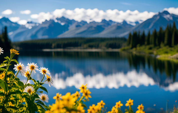 An image showcasing the majestic Alaskan wilderness: a snow-capped mountain range reflecting in a crystal-clear lake, surrounded by lush green forests and a vibrant array of wildflowers, symbolizing the beauty and importance of Alaska Geographic's conservation mission