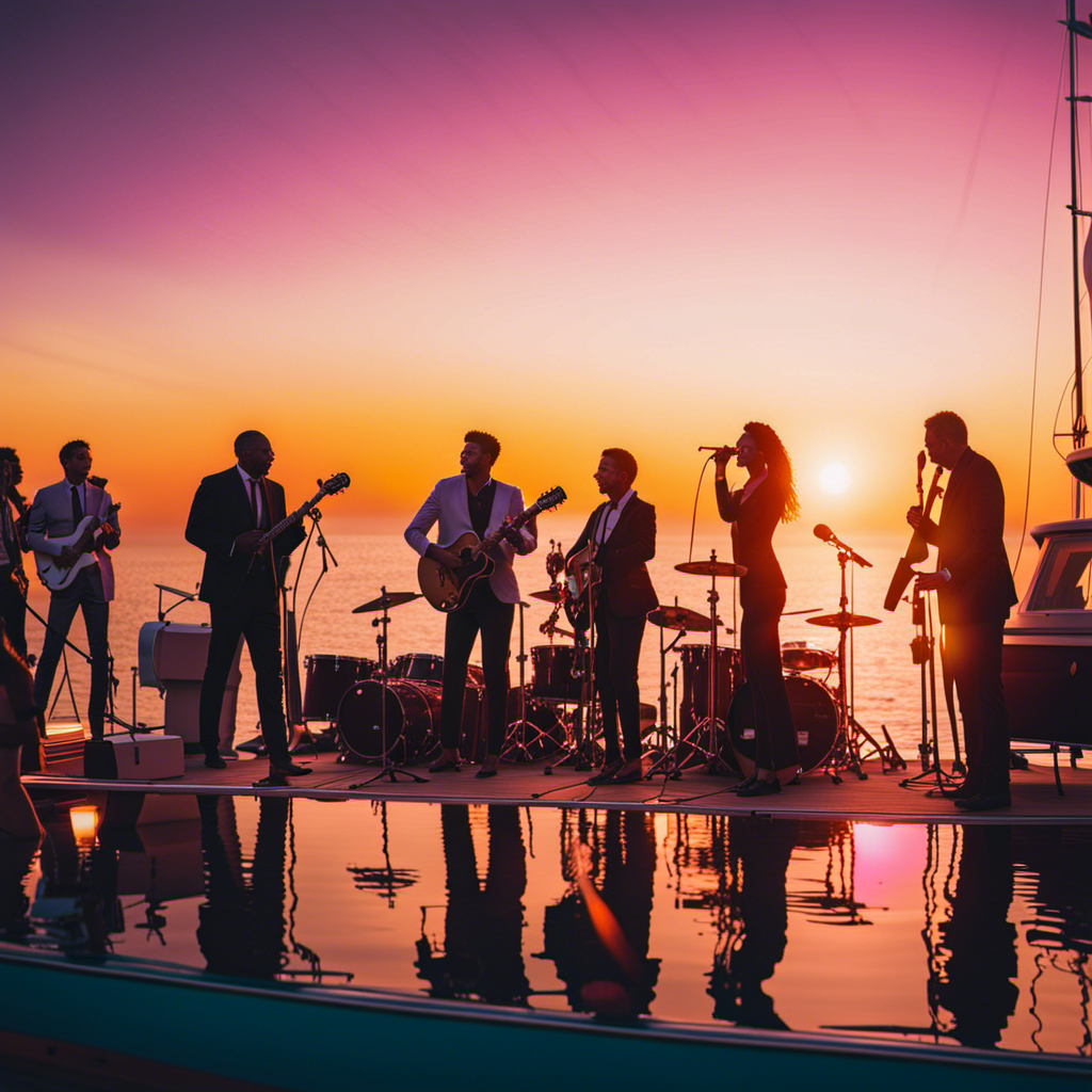 An image showcasing a vibrant seascape at sunset, with a lively music band performing on a luxurious yacht adorned with colorful disco lights, surrounded by grooving passengers immersed in the infectious rhythm of the music