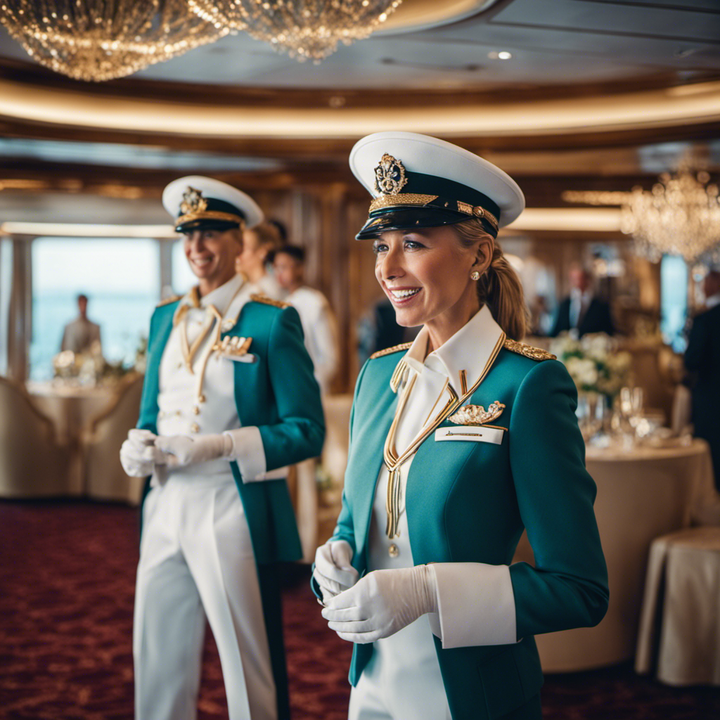 An image capturing the excitement of Crystal Cruises' Inaugural Season as onboard leaders, adorned in elegant uniforms, warmly welcome guests aboard a luxurious ship, surrounded by sparkling chandeliers and panoramic ocean views