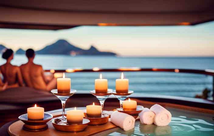 A visually stunning image showcasing a luxurious cruise ship spa: a serene oasis adorned with plush white towels, aromatic candles, and a bubbling jacuzzi, inviting readers to indulge in ultimate relaxation