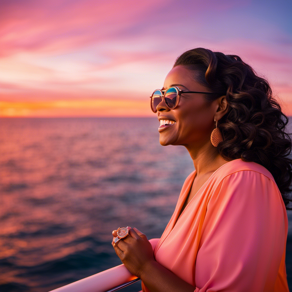 An image capturing the enchanting ambiance of a sunset cruise, with vibrant hues of orange and pink illuminating the sky, as Oprah's presence radiates joy and inspiration through the smiles of passengers