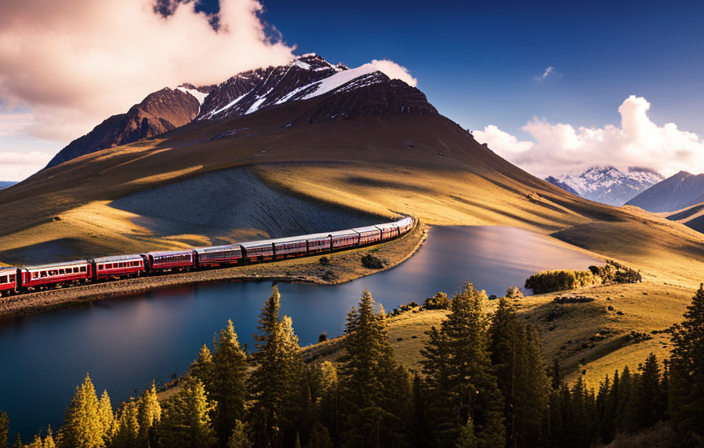 An image showcasing the elegant Orient Express train gliding through breathtaking landscapes, with its opulent carriages adorned with solar panels, exemplifying the perfect harmony between luxury and sustainability