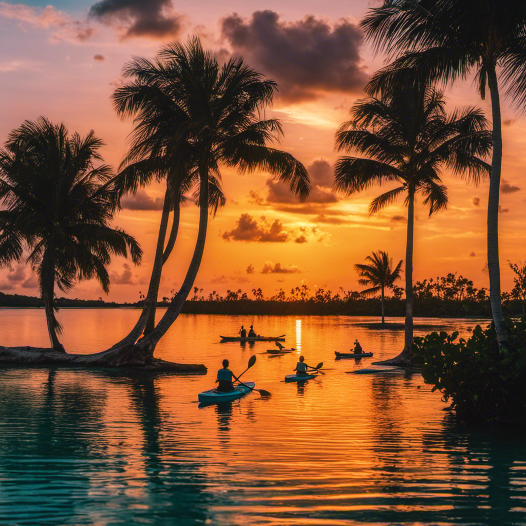 An image that captures the essence of Miami's outdoor adventures: a vibrant sunset painting the sky in warm hues, silhouettes of kayakers paddling through the mangroves, and a paddleboarder gliding across crystal-clear turquoise waters