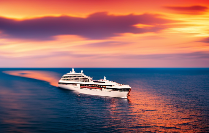 Create an image capturing the serene beauty of a vast ocean with a luxurious cruise ship sailing smoothly through calm waters, showcasing the vibrant colors of a breathtaking sunset, evoking a sense of adventure and dispelling any anxieties associated with first-time cruises