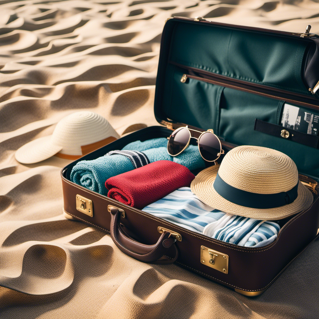 An image of a suitcase filled with neatly folded clothes, toiletries, a sun hat, sunglasses, beach towel, and a guidebook