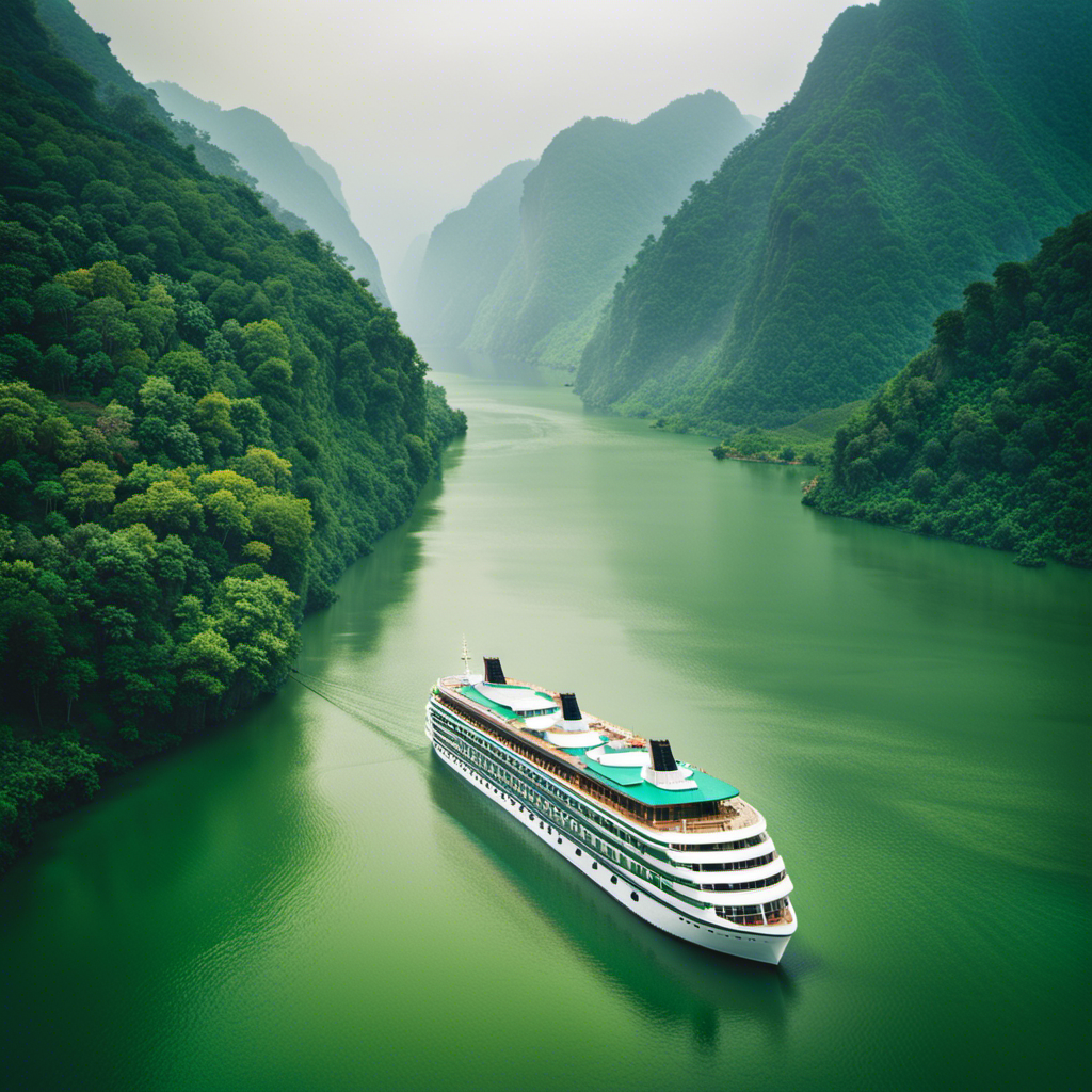 An image of a majestic, empty river cruise ship floating along a mist-covered Asian river, surrounded by lush green mountains, symbolizing the uncertain future of Pandaw Cruise Line and the Asian river cruise industry