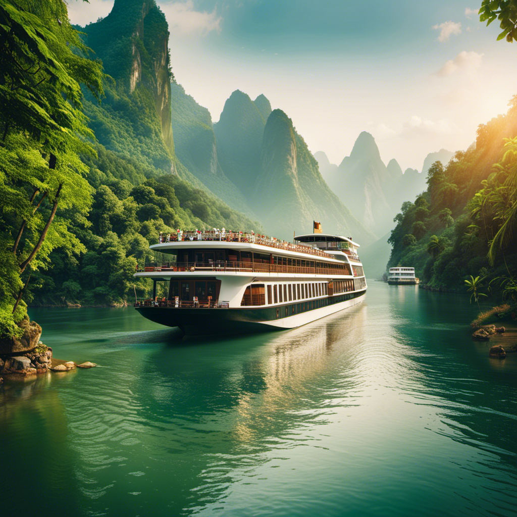 An image featuring a luxurious river cruise ship gliding along the meandering curves of an exotic Asian river, surrounded by verdant jungles, mist-covered mountains, and vibrant traditional riverside villages
