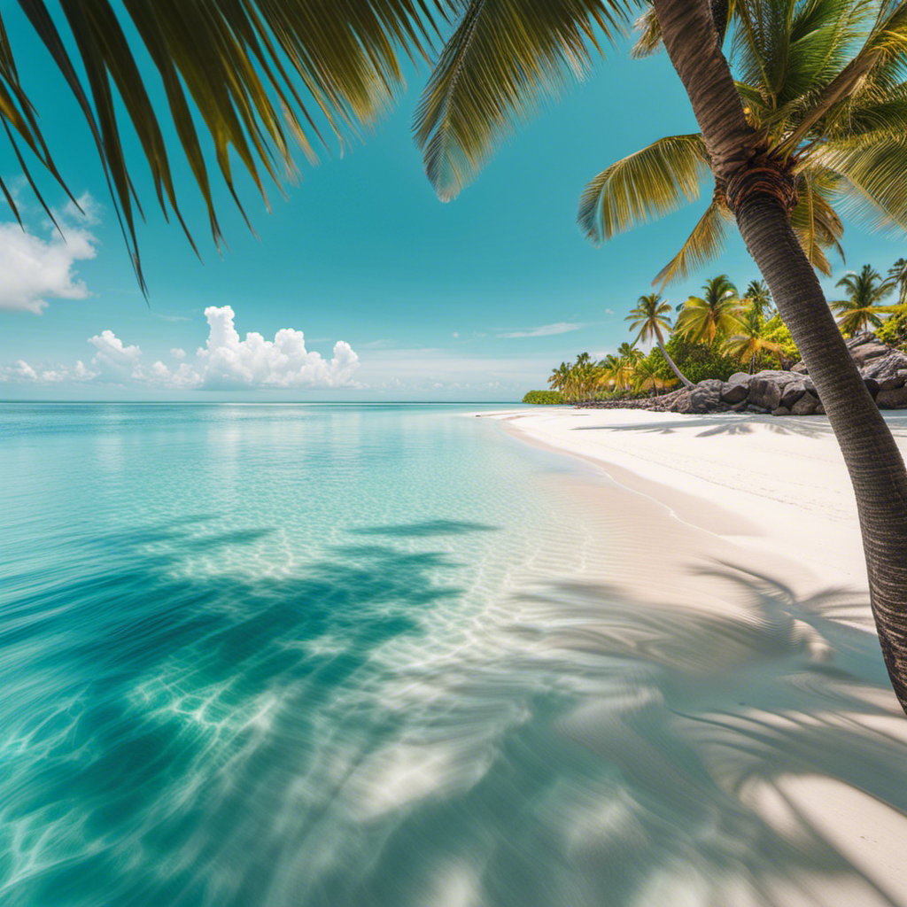 An image showcasing a pristine stretch of soft, powdery white sand gently caressed by crystal-clear turquoise waters, with vibrant coral reefs visible beneath the surface and swaying palm trees framing the idyllic scene