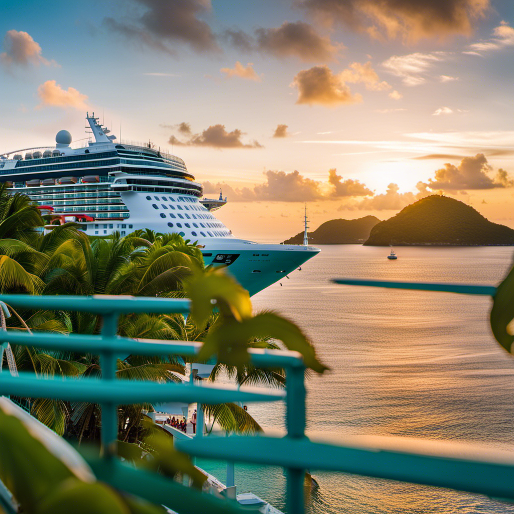 An image of a vibrant Caribbean seascape at sunset, with a Norwegian Cruise Line ship docked near a picturesque island
