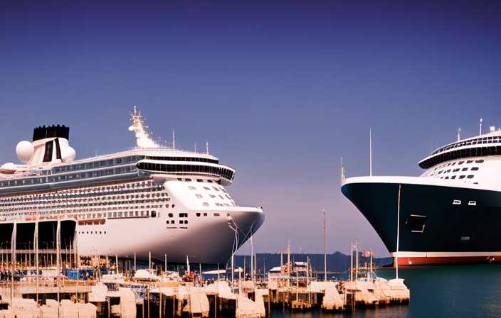 An image of a bustling cruise ship port, with towering vessels awaiting passengers against a backdrop of clear blue skies