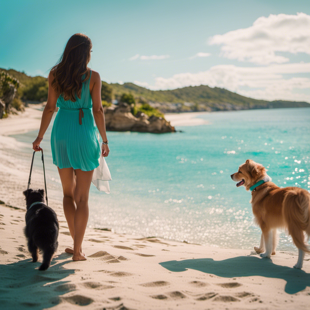 An image showcasing a picturesque beach with a sandy coastline, crystal-clear turquoise waters, and a couple strolling hand in paw with their furry friend, capturing the essence of an idyllic pet-friendly cruise destination