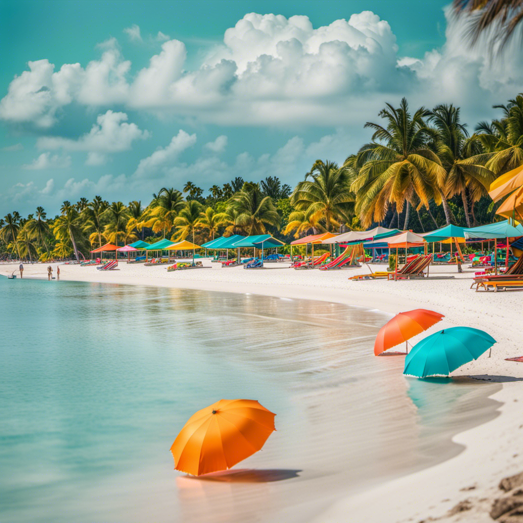 An image showcasing the vibrant Playa Mia: palm-fringed white sand beach, crystal-clear turquoise waters, colorful beach umbrellas, thrilling water slides, snorkelers exploring vibrant coral reefs, and families enjoying thrilling water activities