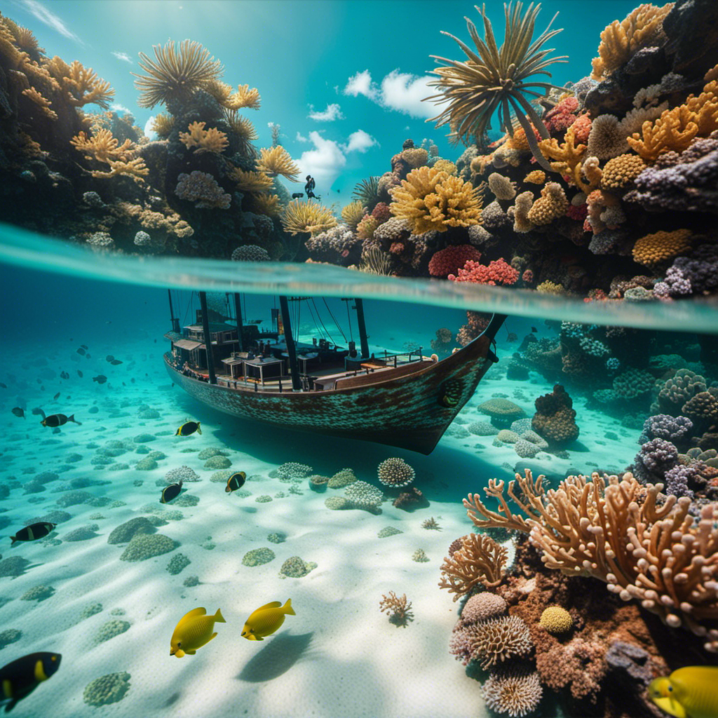 An image of the Polly-L, an eco-friendly ship gliding through crystal-clear turquoise waters, with its divers exploring a vibrant coral reef beneath